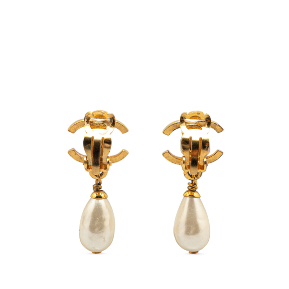 Pre-Loved Chanel Gold Plated CC Faux Pearl Drop Clip on Earrings - Picture 2 of 3